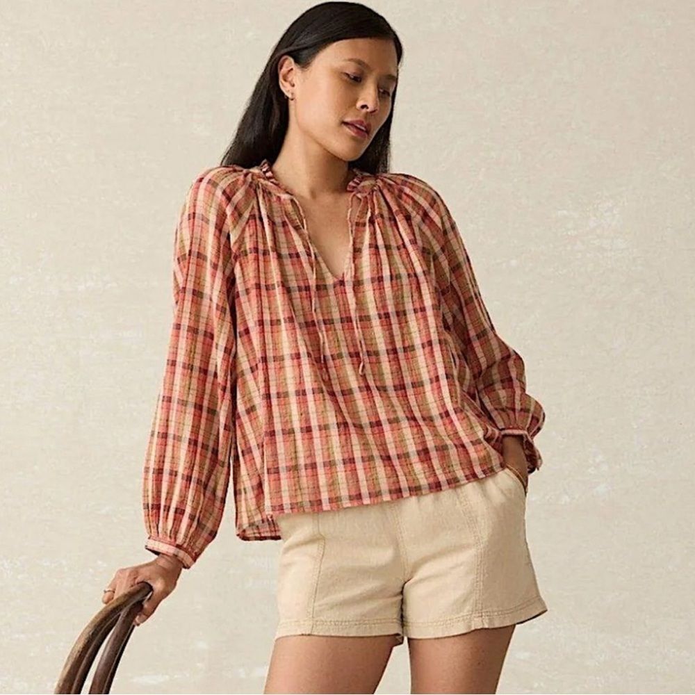 Faherty Annalise NWT Blouse Top Organic Cotton Sunset Gingham Plaid Small